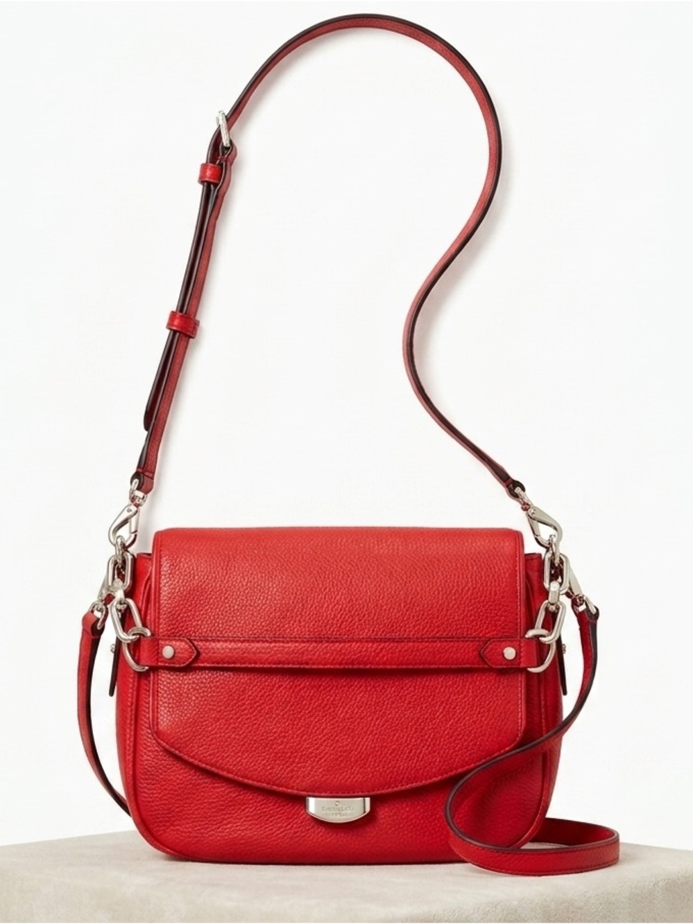 Kate Spade Saddle Bag Crossbody Hand Bag Cow Leather Pebbled Red Gold